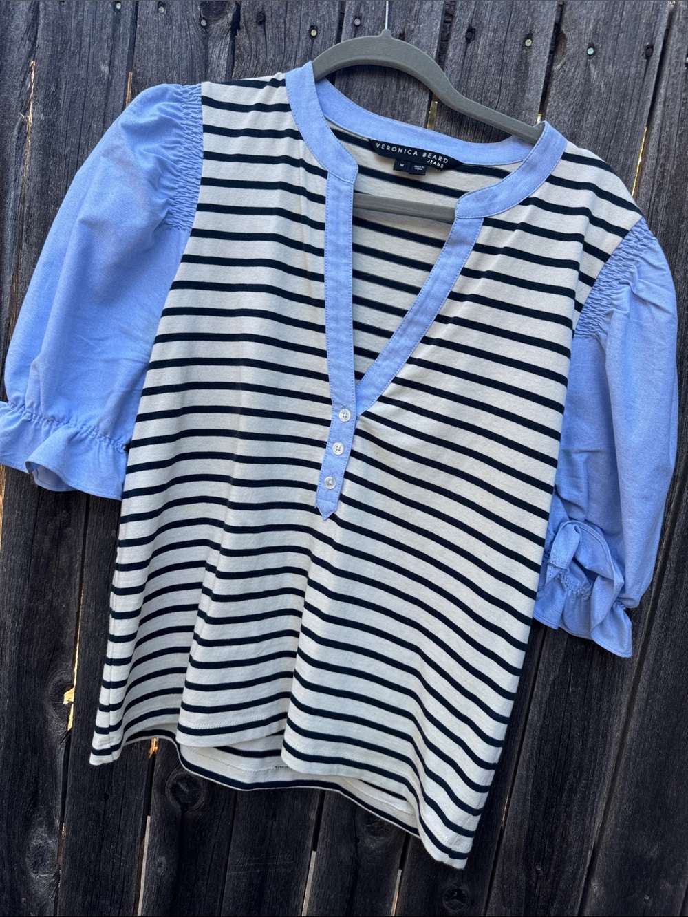 Veronica Beard Navy & Light Blue Striped Puff-Sleeve Henley Top